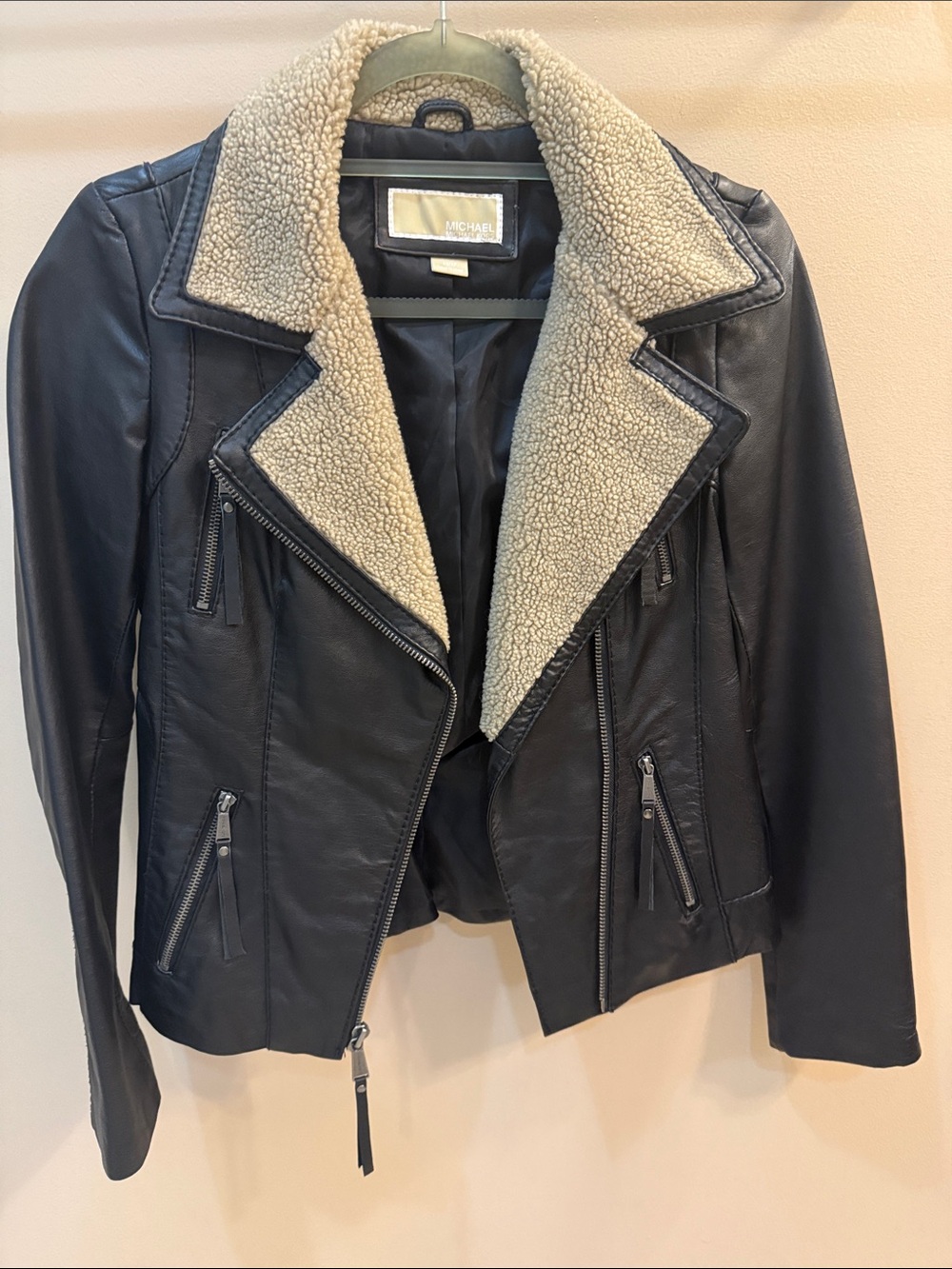 Michael Kors Black Leather Jacket with Cream Shearling Lapel